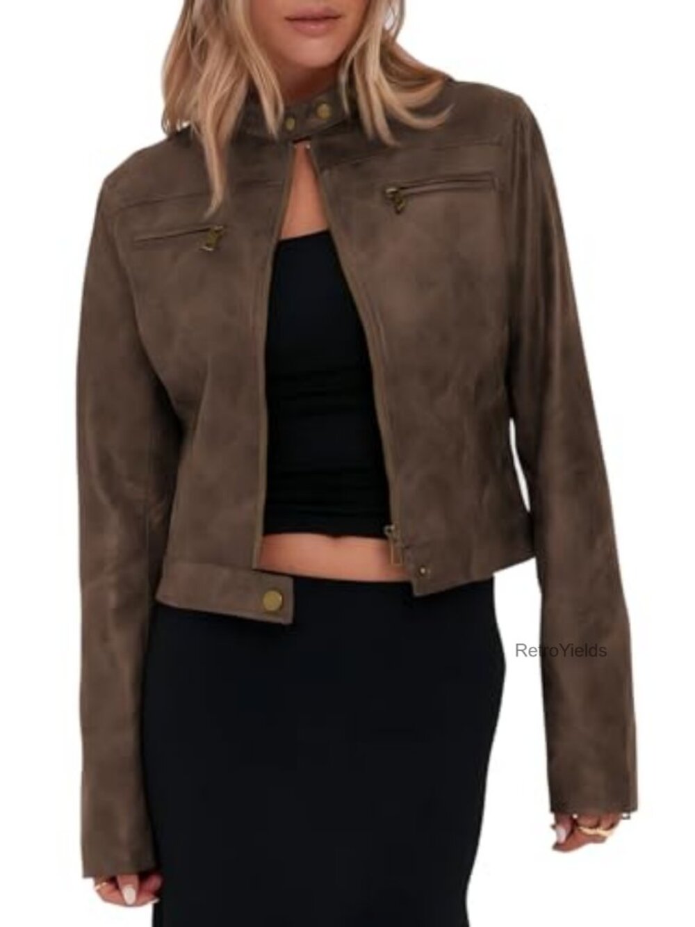 Faux Leather Cropped Motorcycle Jacket Zip Up Stand Collar